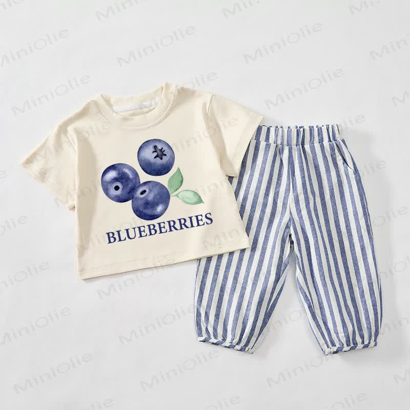 BLUEBERRIES Baby Toddler Beige&Blue Vertical Striped 2-piece Set - Beige&Blue - 3-4T - image 1