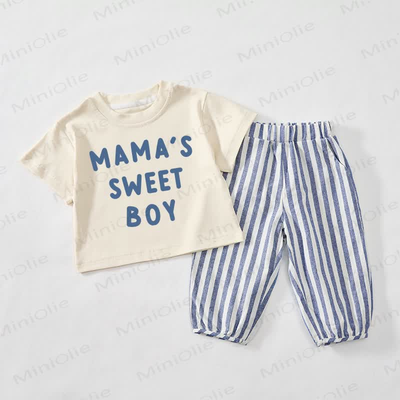 MAMA'S SWEET BOY Baby Toddler Beige&Blue Vertical Striped 2-piece Set - Beige&Blue - 3-4T - image 1