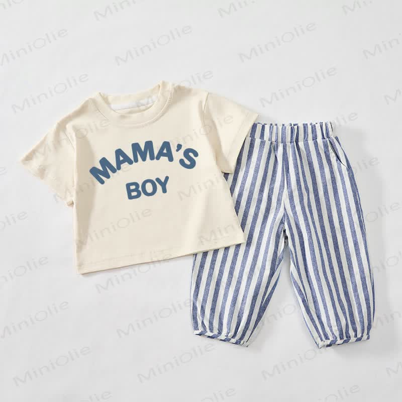MAMA'S BOY Baby Toddler Beige&Blue Vertical Striped 2-piece Set - Beige&Blue - 3-4T - image 1