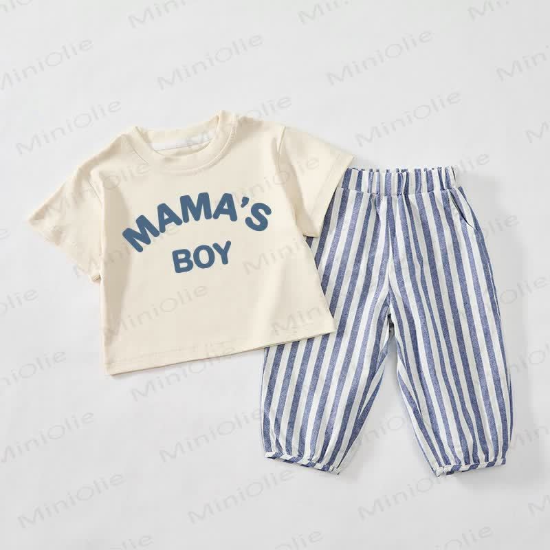 MAMA'S BOY Baby Toddler Beige&Blue Vertical Striped 2-piece Set - Beige&Blue - 3-4T - image 1