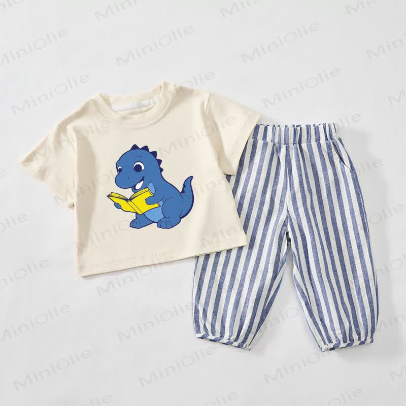Baby Toddler Reading Dinosaur Beige&Blue Vertical Striped 2-piece Set - Beige&Blue - 3-4T - image 1