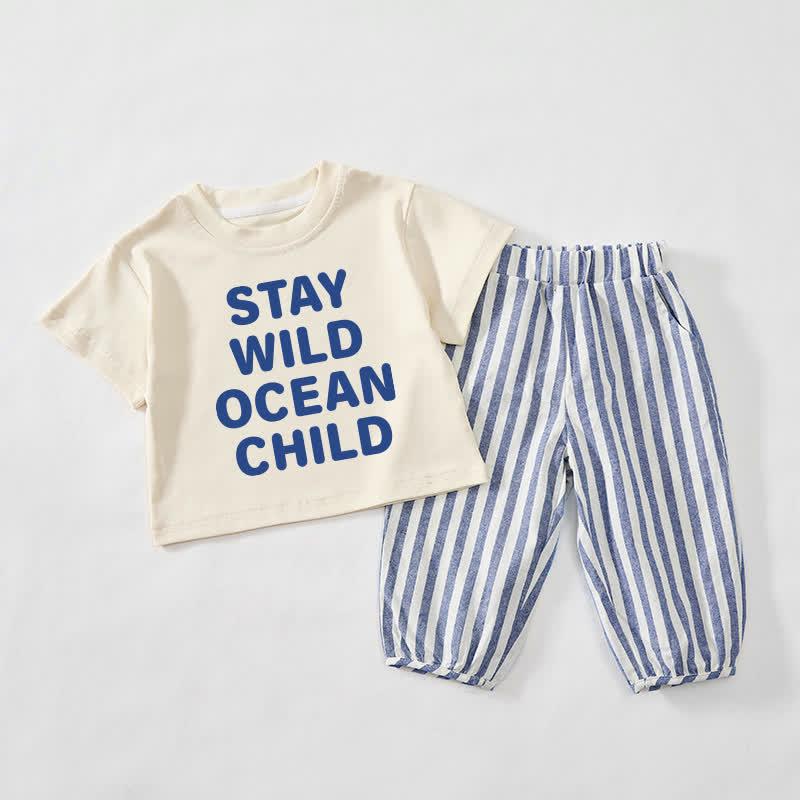 STAY WILD OCEAN CHILD Baby Toddler Beige&Blue Vertical Striped 2-piece Set - Beige&Blue - 3-4T - image 1