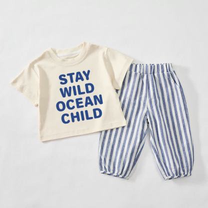 STAY WILD OCEAN CHILD Baby Toddler Beige&Blue Vertical Striped 2-piece Set - Beige&Blue - 3-4T - image 1