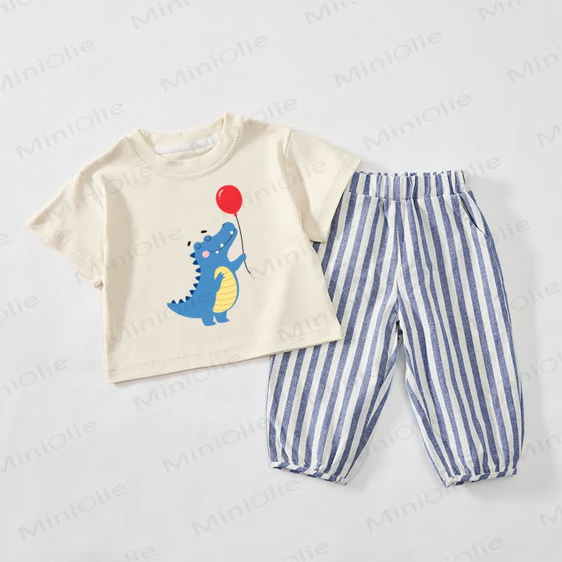 Baby Toddler Dinosaur Beige&Blue Vertical Striped 2-piece Set - Beige&Blue - 3-4T - image 1