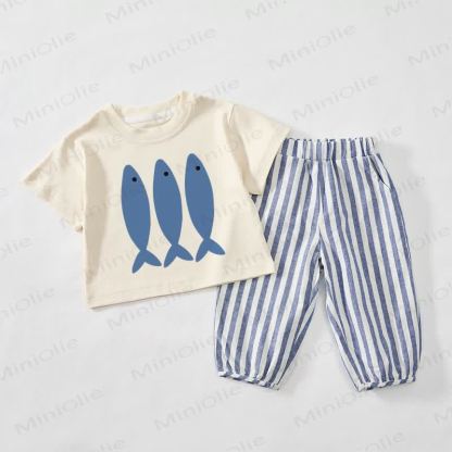 Baby Toddler FISHES Beige&Blue Vertical Striped 2-piece Set - Beige&Blue - 3-4T - image 1