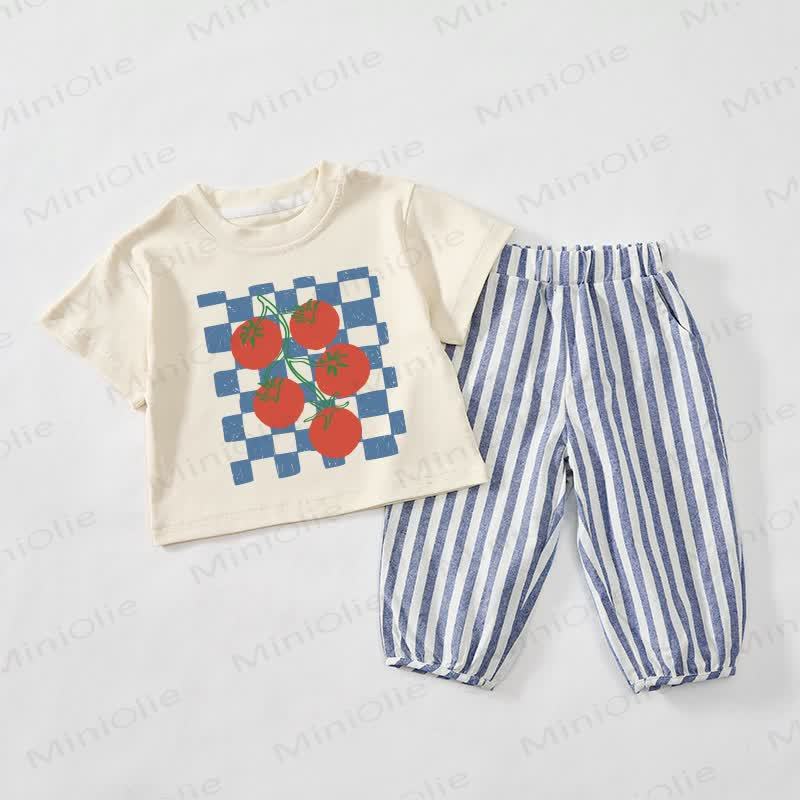 Baby Toddler Checkered Tomato Beige&Blue Vertical Striped 2-piece Set - Beige&Blue - 3-4T - image 1
