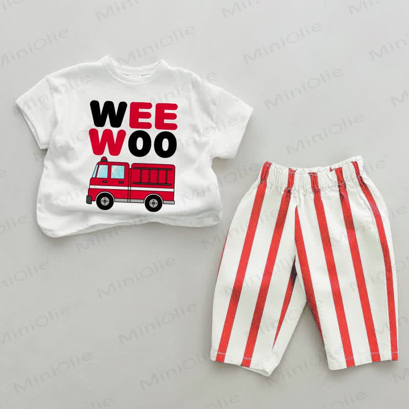 WEE WOO Baby Fire Truck White&Red Vertical Striped 2-piece Set - White&Red - 4-5T - image 1