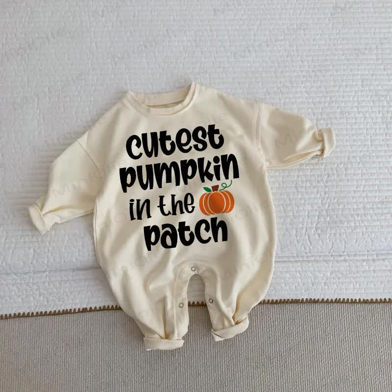 CUTEST PUMPKIN IN THE PATCH Baby Pumpkin Print Beige Romper - Beige - 2-3T - image 1