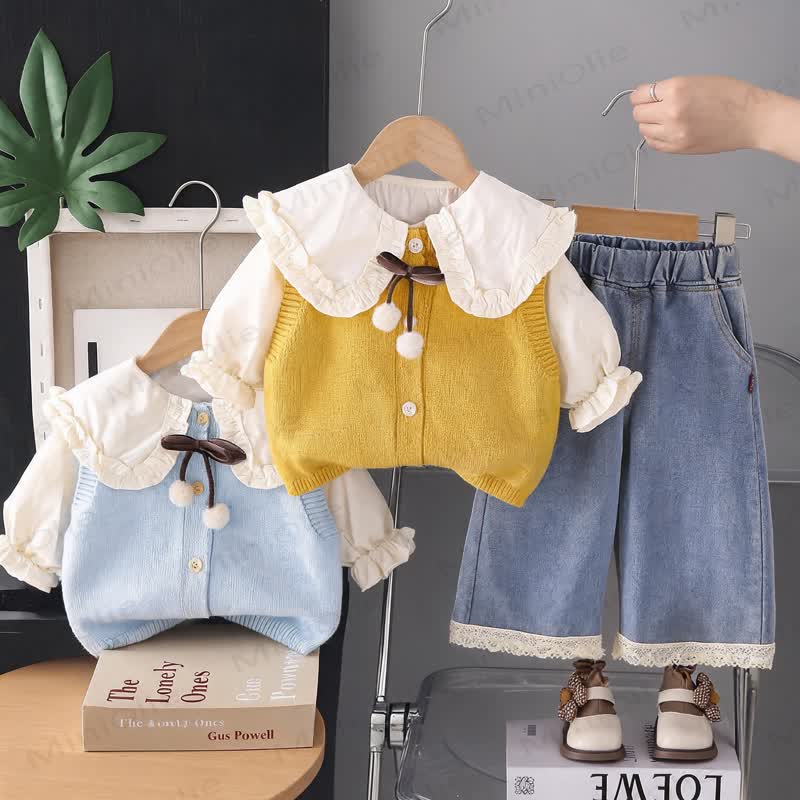 Toddler Girl Bow Knit Vest and Denim Pants 3-piece Set - image 1