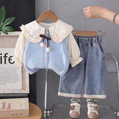 Toddler Girl Bow Knit Vest and Denim Pants 3-piece Set - Blue - 4-5T - image 3