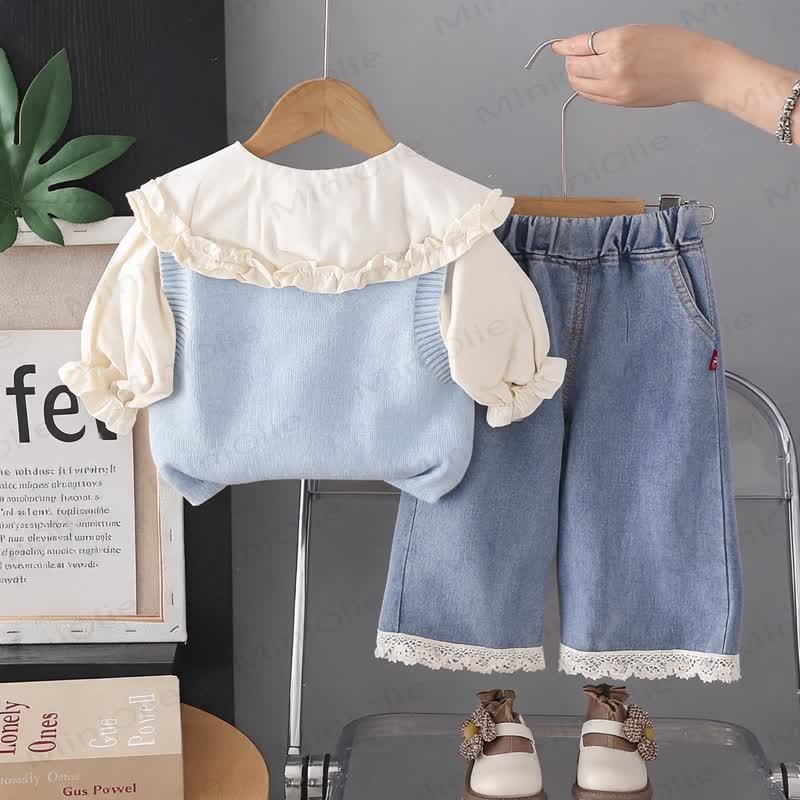 Toddler Girl Bow Knit Vest and Denim Pants 3-piece Set - image 4