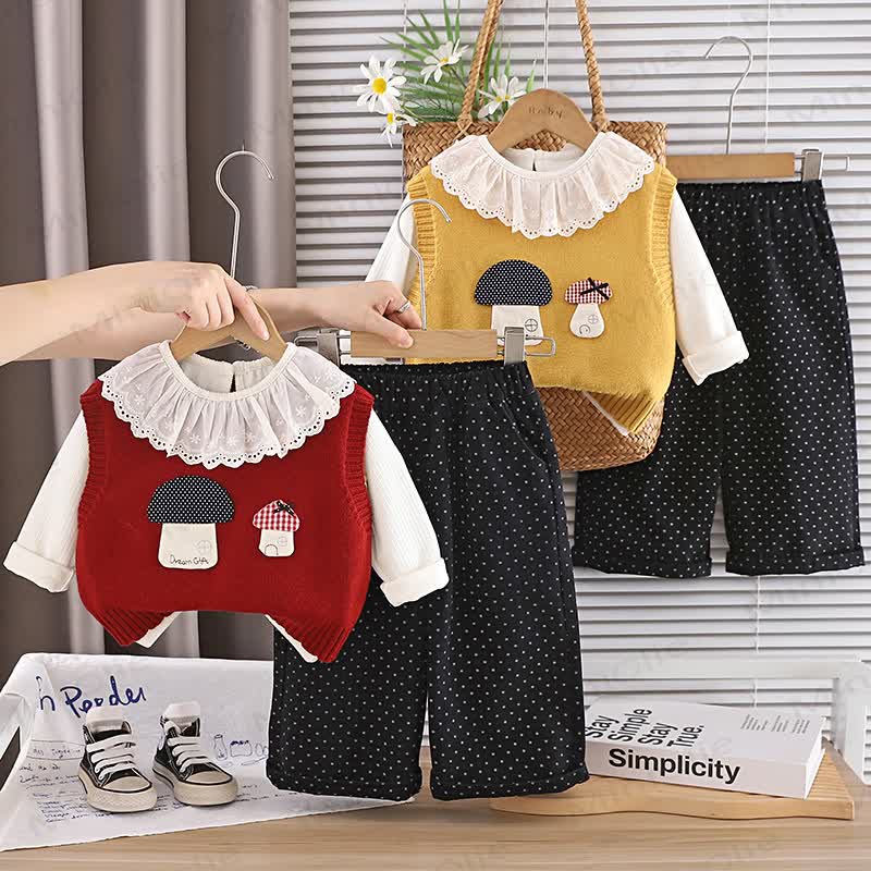 Toddler Girl Mushroom Knit  Vest and Dot Pants 3-piece Set - image 1