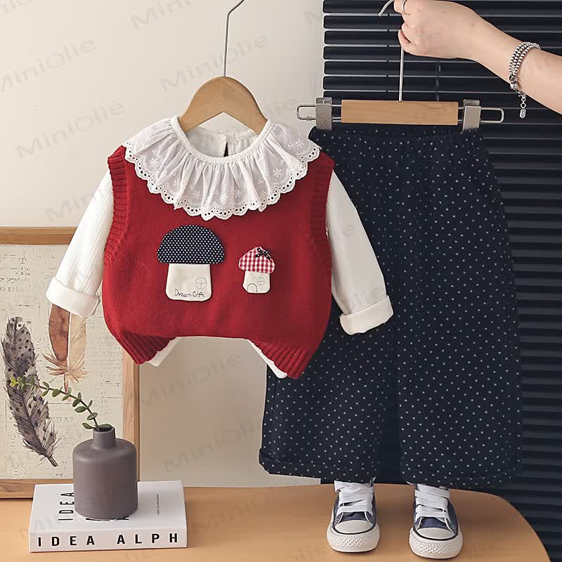 Toddler Girl Mushroom Knit  Vest and Dot Pants 3-piece Set - Red - 4-5T - image 2