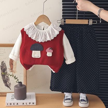 Toddler Girl Mushroom Knit  Vest and Dot Pants 3-piece Set - Red - 4-5T - image 2
