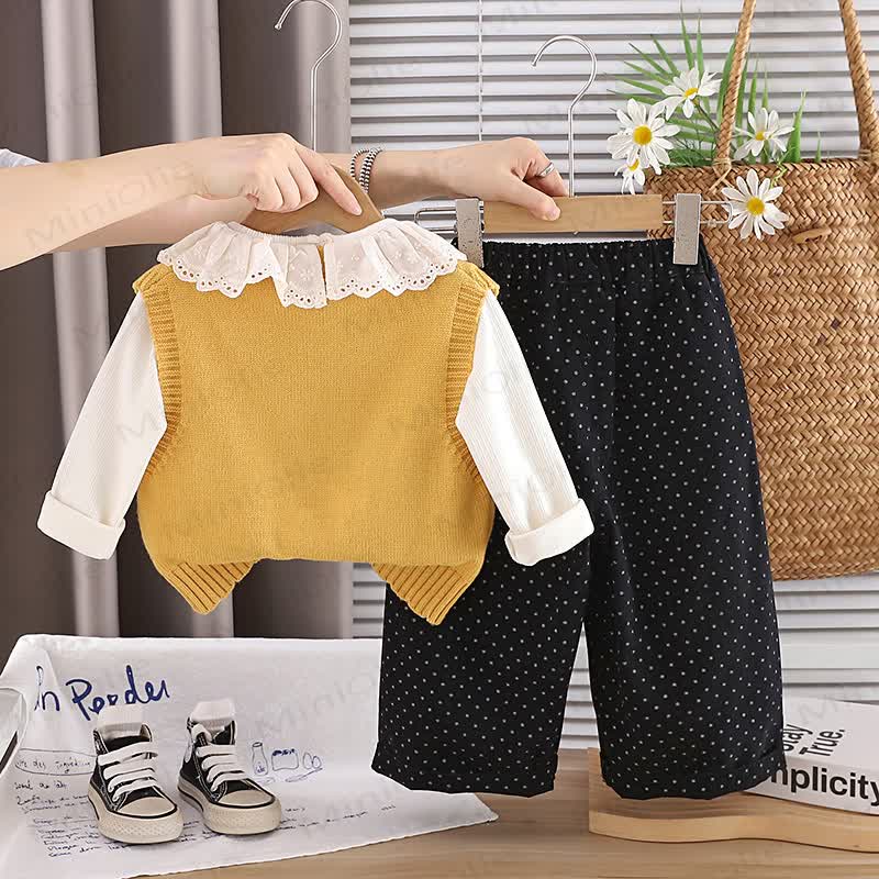 Toddler Girl Mushroom Knit  Vest and Dot Pants 3-piece Set - image 4