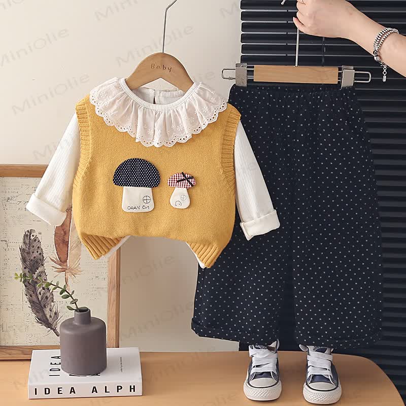 Toddler Girl Mushroom Knit  Vest and Dot Pants 3-piece Set - Yellow - 4-5T - image 3