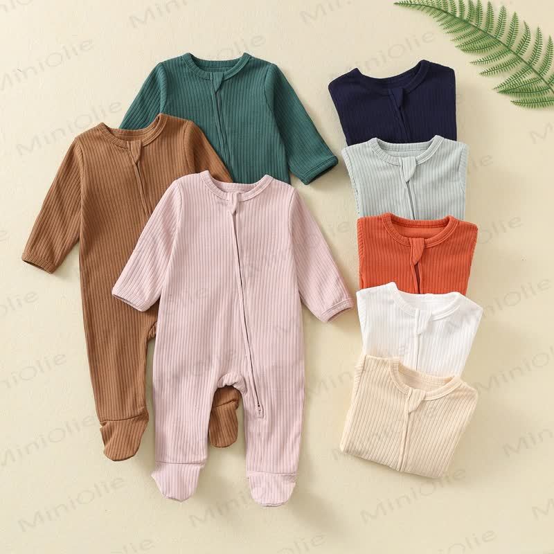 Baby Solid Color Ribbed Long Sleeve Zip Romper - image 1