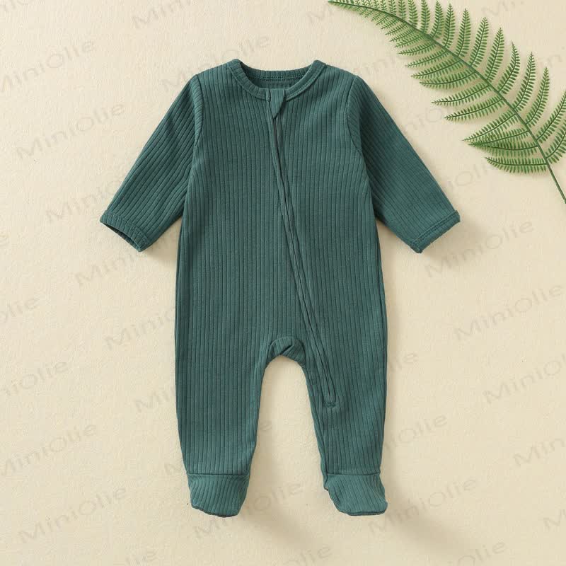 Baby Solid Color Ribbed Long Sleeve Zip Romper - Dark Green - 12M - image 3
