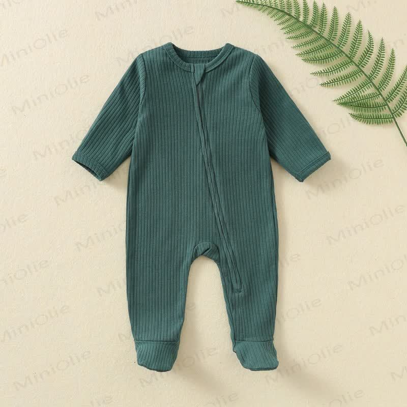 Baby Solid Color Ribbed Long Sleeve Zip Romper - Dark Green - 12M - image 3