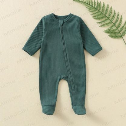 Baby Solid Color Ribbed Long Sleeve Zip Romper - Dark Green - 12M - image 3