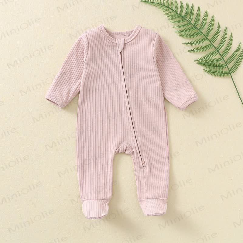 Baby Solid Color Ribbed Long Sleeve Zip Romper - Pink - 12M - image 6