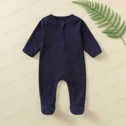 Baby Solid Color Ribbed Long Sleeve Zip Romper - Navy - 12M - image 8