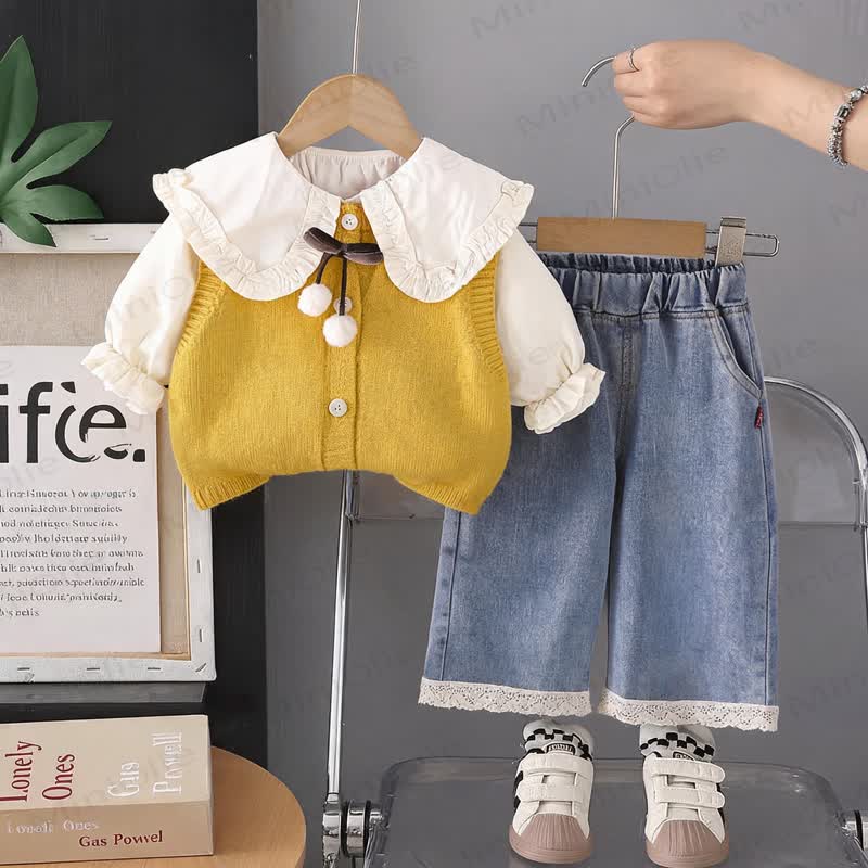 Toddler Girl Bow Knit Vest and Denim Pants 3-piece Set - Yellow - 4-5T - image 2
