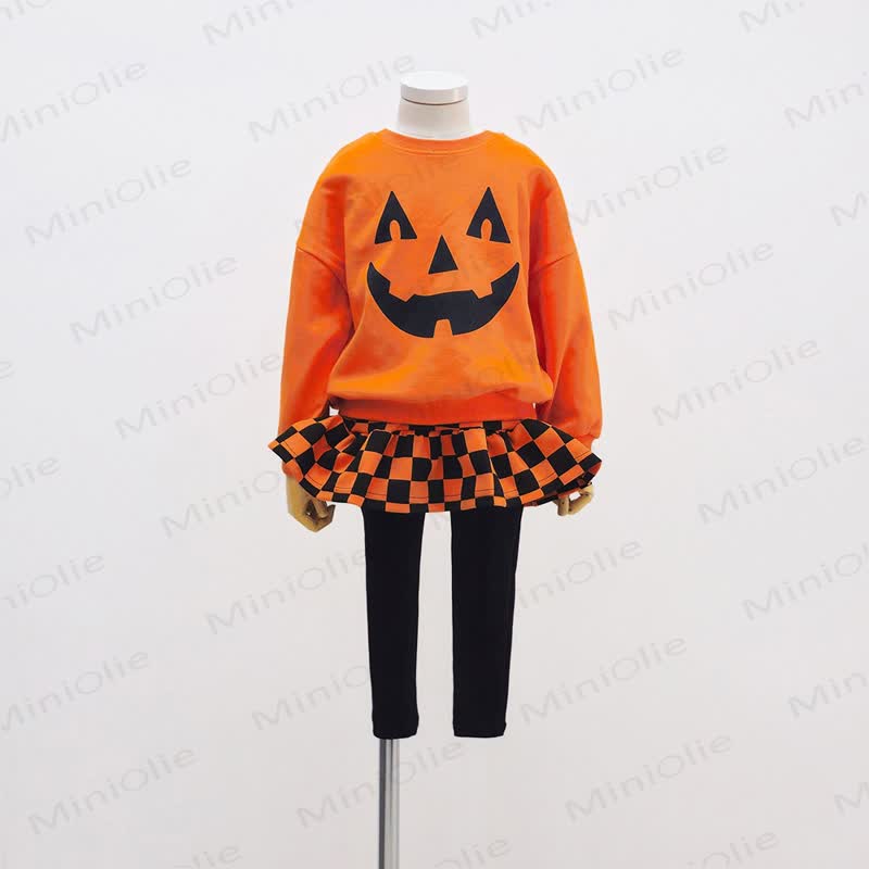 Toddler Pumpkin Face Sweatshirt and Plaid Pants/Skort 2-piece Set - Sweatshirt and Skort - 4-5T - image 3