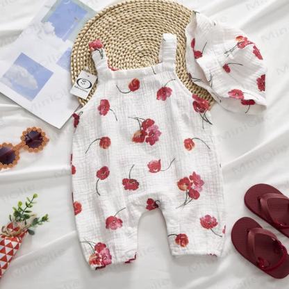 Baby Girls Red Flower Print White Jumpsuit with Hat - image 2