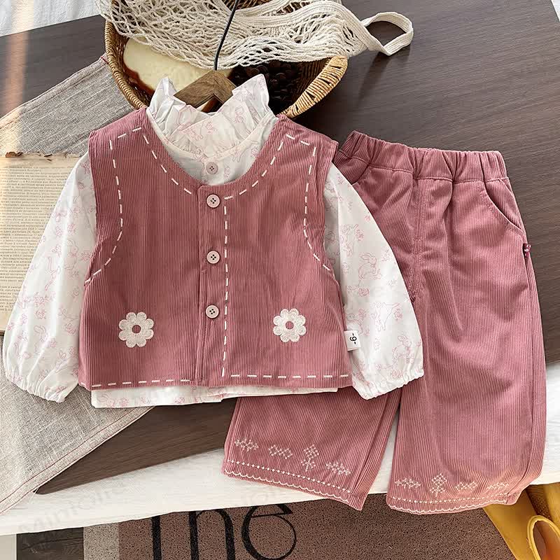 Toddler Girl Vintage Floral Corduroy 3-piece Set - Pink - 4-5T - image 2