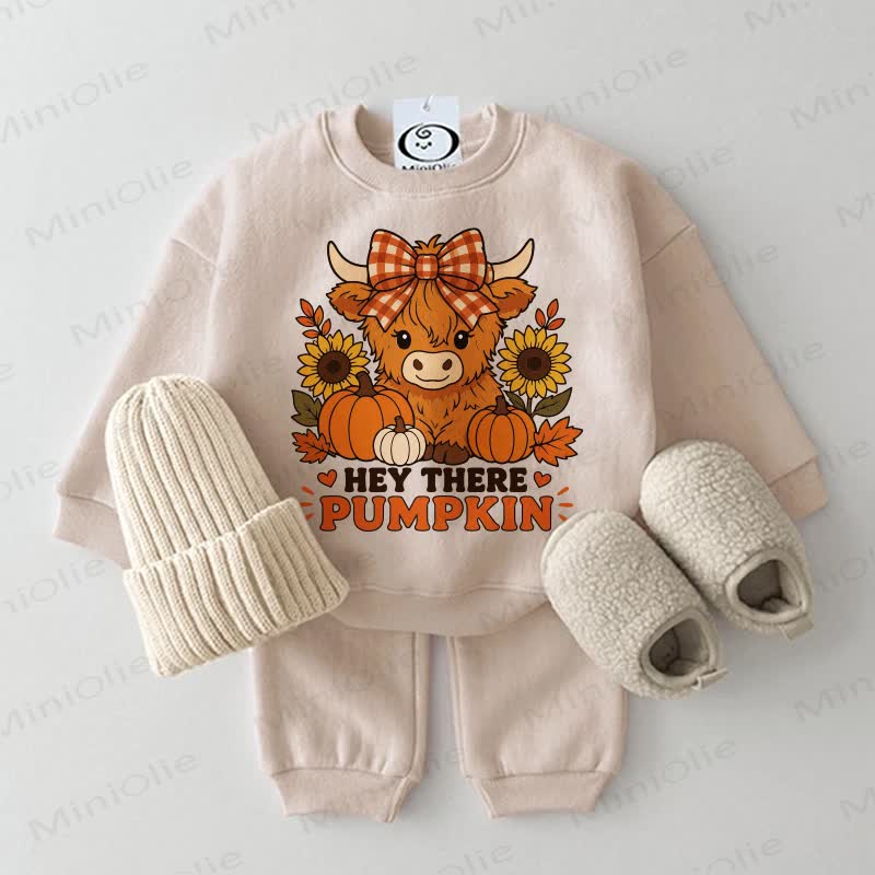 HEY THERE PUMPKIN Baby Beige Cow & Pumpkin Sweatshirt 2-piece Set - Beige - 2-3T - image 1