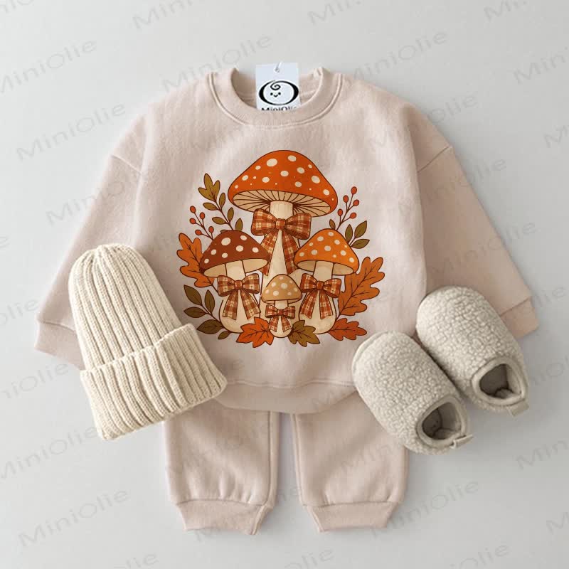 Baby Beige Mushroom and Bow Sweatshirt 2-piece Set - Beige - 2-3T - image 1