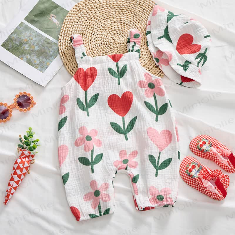 Baby Flower Heart Print White Romper with Hat - image 2