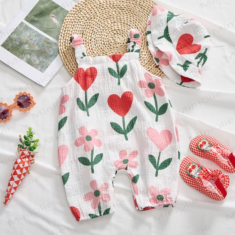 Baby Flower Heart Print White Romper with Hat - image 2