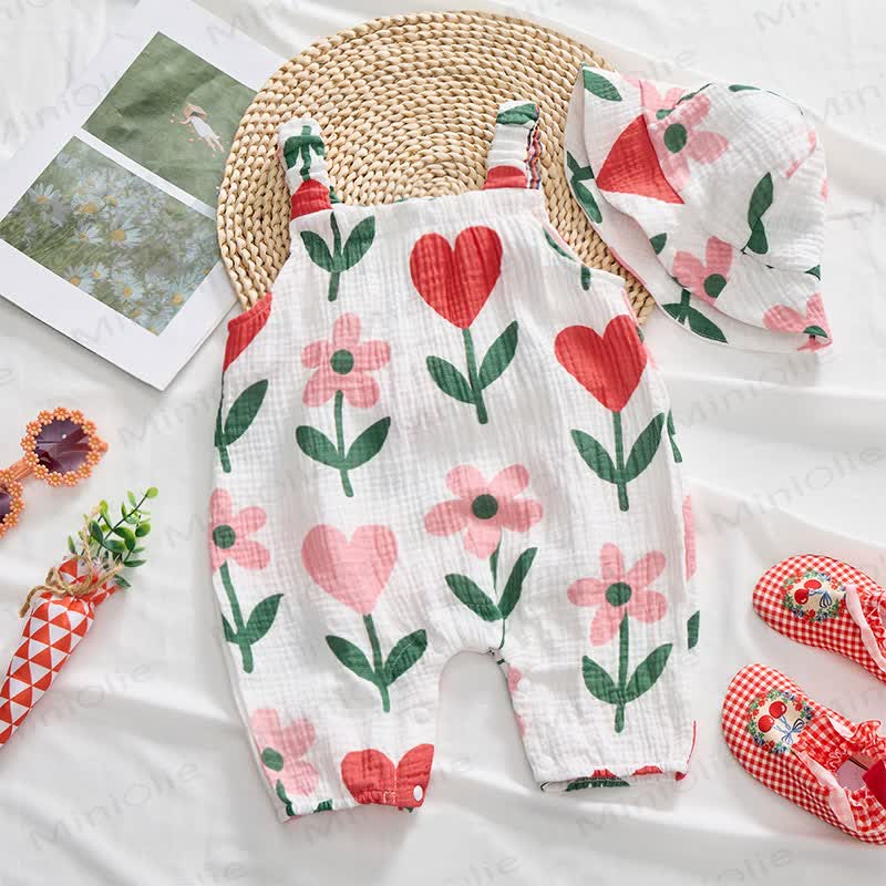 Baby Flower Heart Print White Romper with Hat - image 4