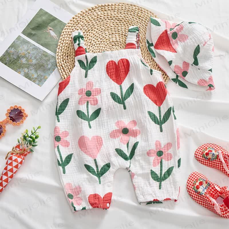 Baby Flower Heart Print White Romper with Hat - image 4