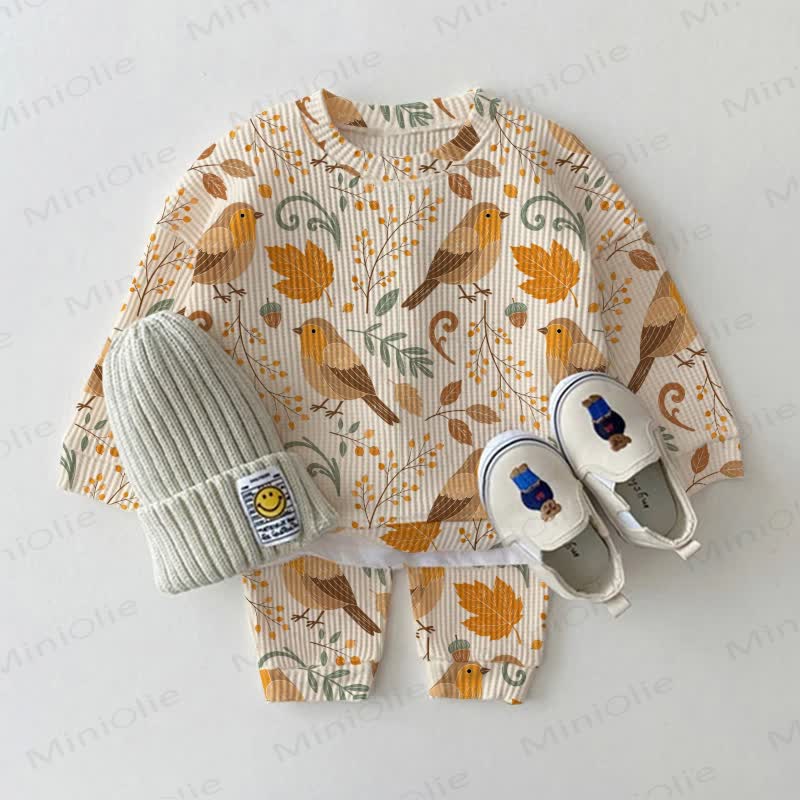 Baby Apricot Bird Print Waffle 2-piece Set - Apricot - 2-3T - image 1