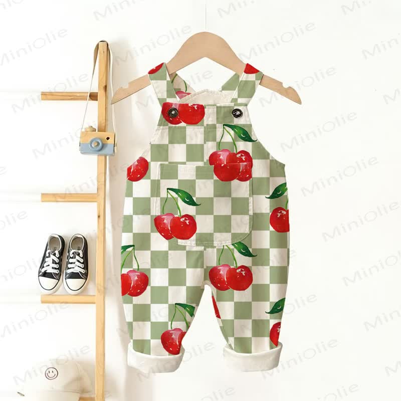 Baby Toddler Plaid Cherry Beige Overalls - Beige - 3-5T - image 1