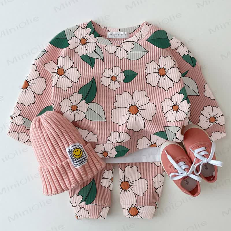 Baby Pink Flower Print Waffle 2-piece Set - Pink - 2-3T - image 1