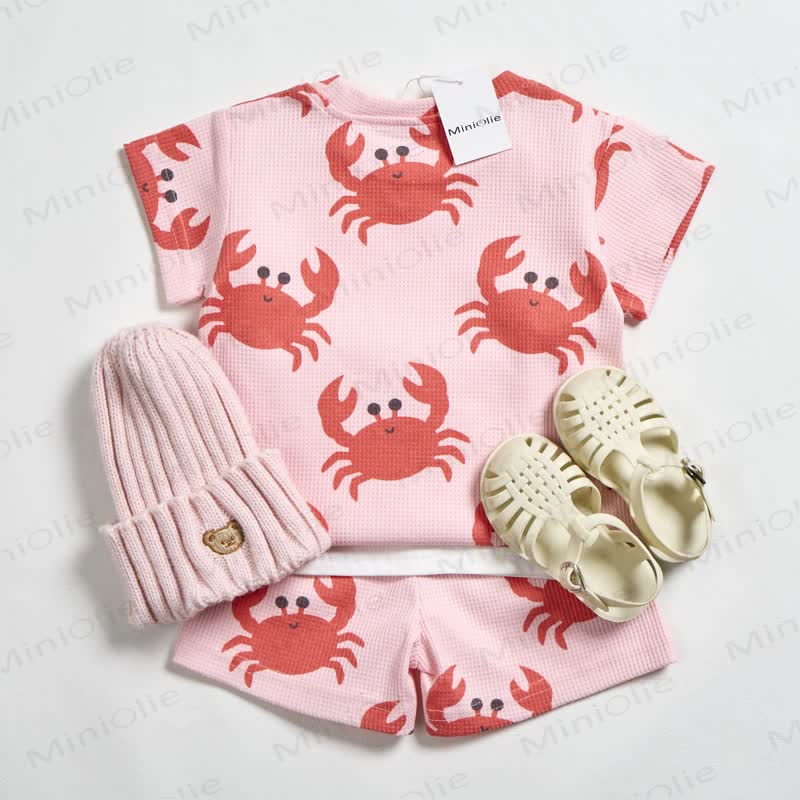 Baby Pink Crab Waffle Tee and Shorts 2-piece Set - image 2