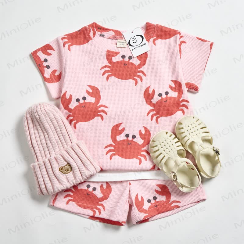 Baby Pink Crab Waffle Tee and Shorts 2-piece Set - Pink - 2-3T - image 1