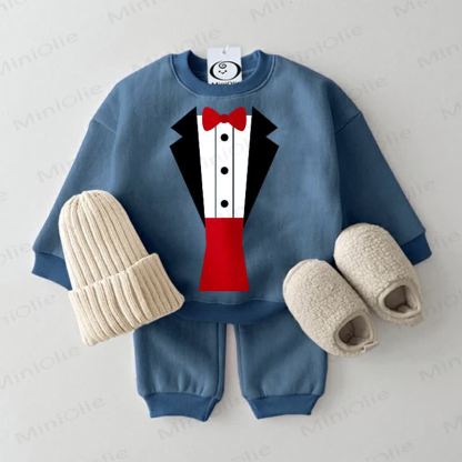 Baby Fake Tuxedo Bow Tie Print Sweatshirt 2-piece Blue Set - Blue - 2-3T - image 1