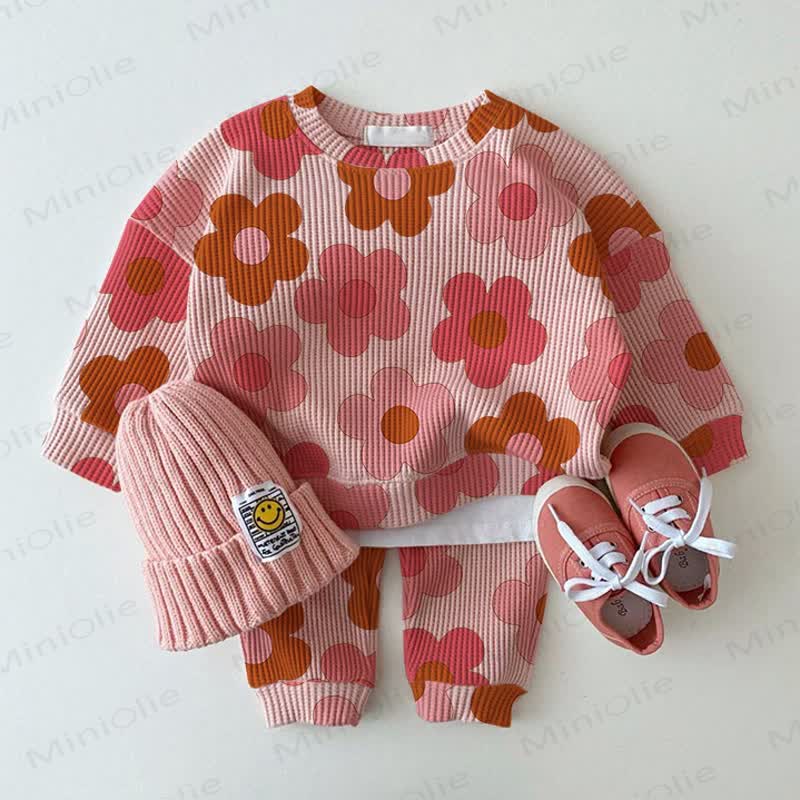 Baby Pink Flower Waffle Sweartshit and Pants 2-piece Set - Pink - 2-3T - image 1