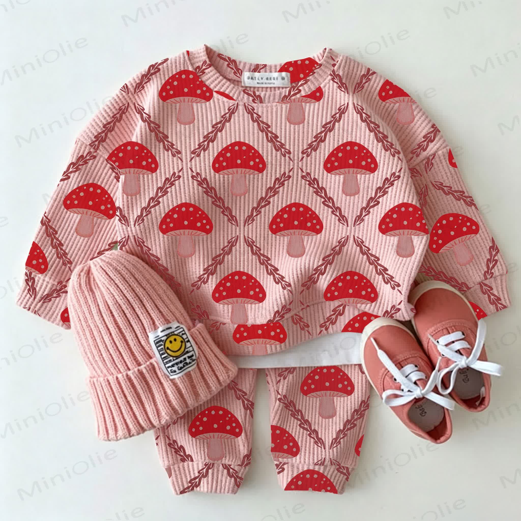Baby Pink Mushroom Print Waffle 2-piece Set - Pink - 2-3T - image 1