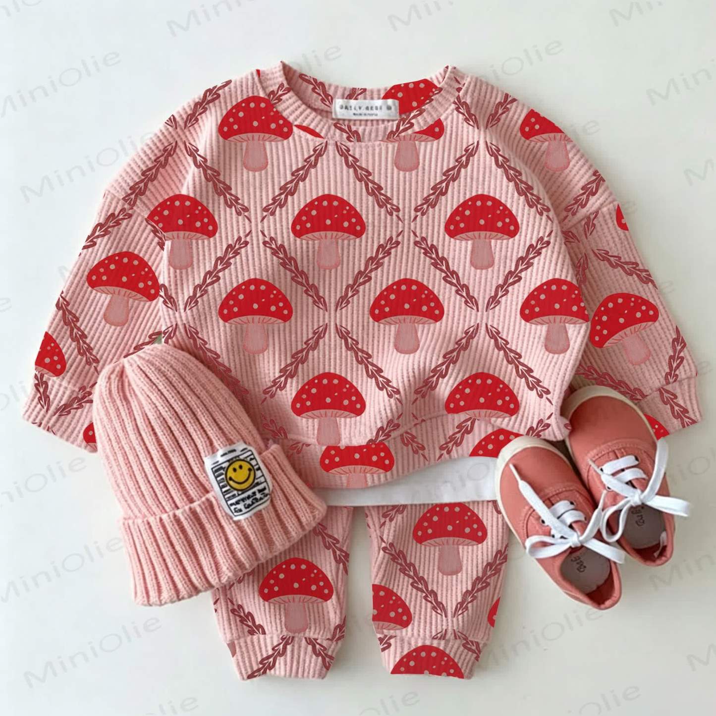 Baby Pink Mushroom Print Waffle 2-piece Set - Pink - 2-3T - image 1