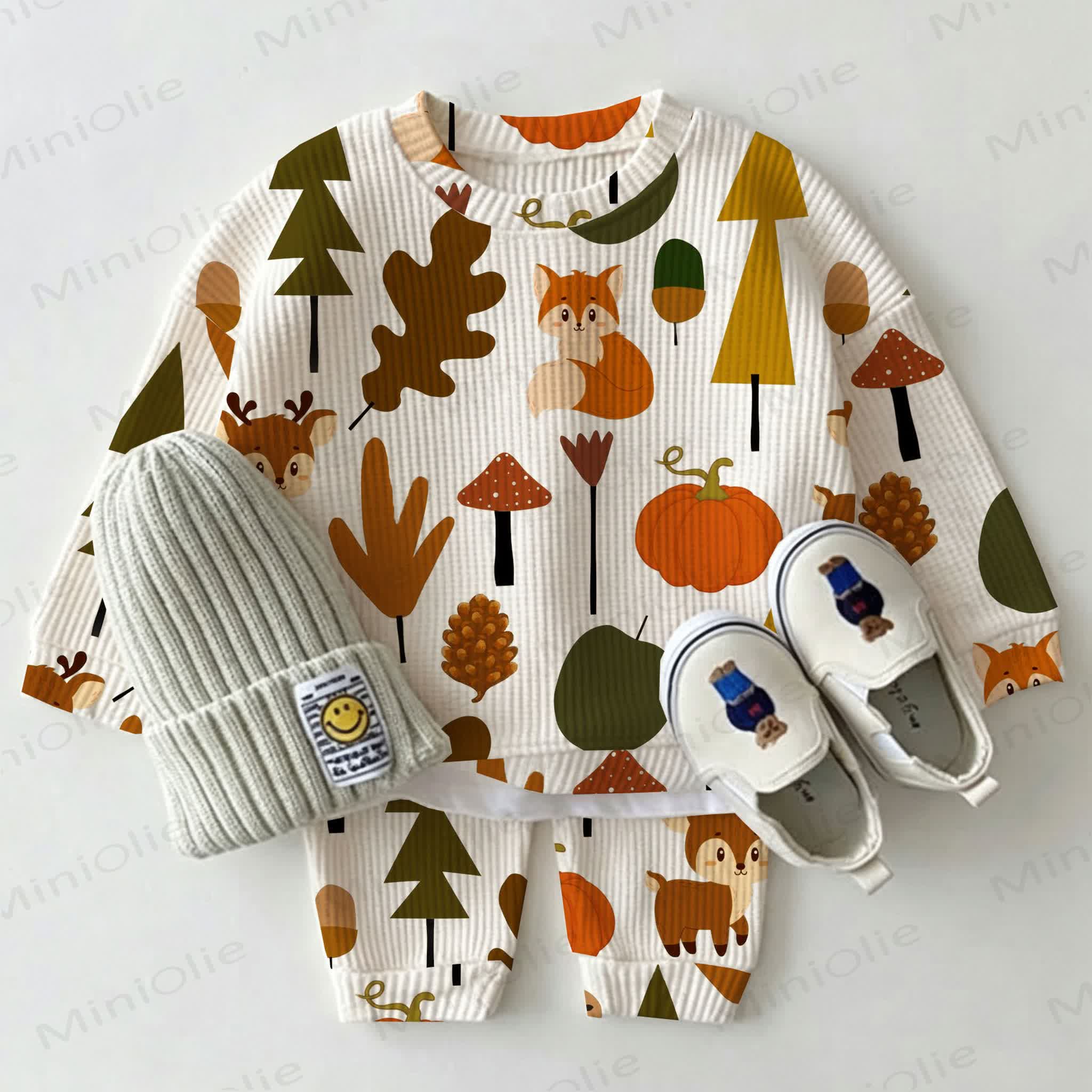 Baby Fox Deer Mushroom Pumpkin Print Waffle 2-piece Set - White - 2-3T - image 1