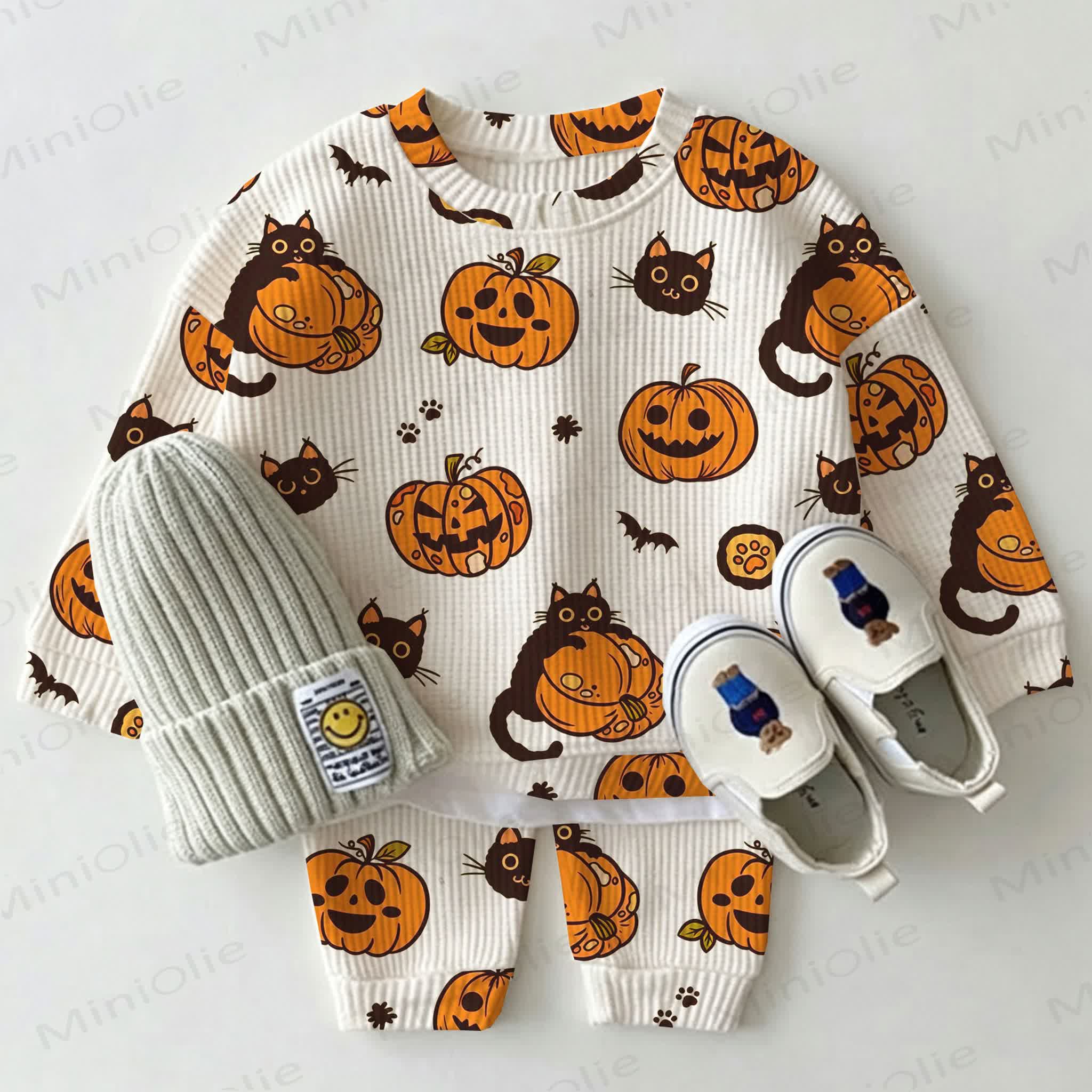 Baby Black Cat Pumpkin Bat Print Waffle 2-piece Set - White - 2-3T - image 1