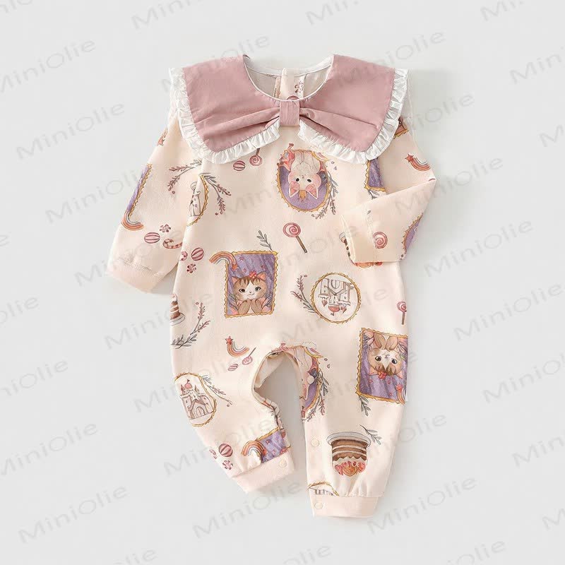 Baby Cat Print Long Sleeve Bow Romper - Beige - 18-24M - image 1