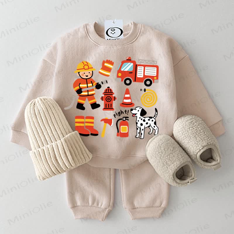 Baby Fire Truck Beige Sweatshirt 2-piece Set - Beige - 2-3T - image 1