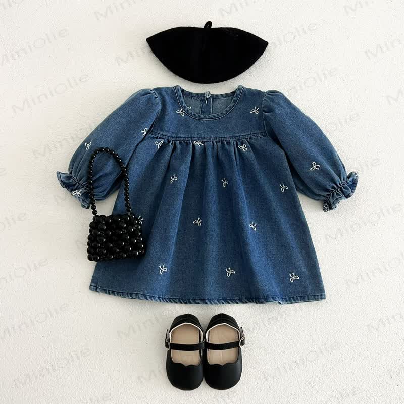 Girls Bow Embroidered Denim Dress - Blue - 4-5T - image 1